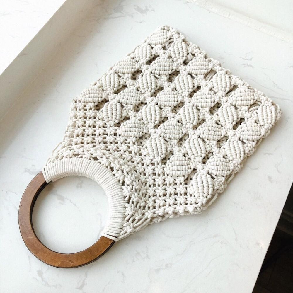 Woven Bag Hollow Beach Purse Wooden Handle Ring Straw Handbag Tote Flap Cotton