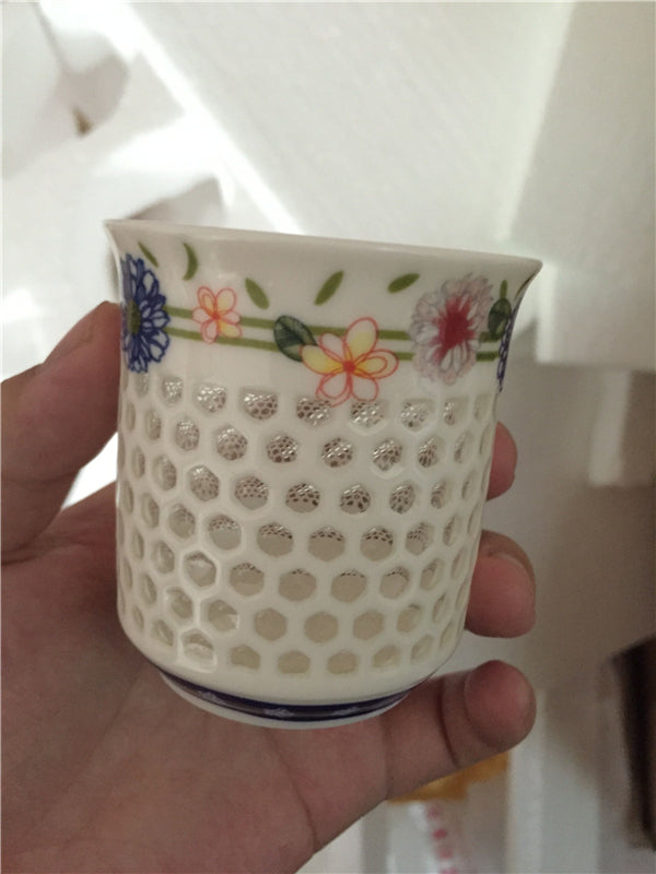 100ml Ceramic Tea Cup Blue White Cup For Coffee/tea Floral Hollow-out Design Cup