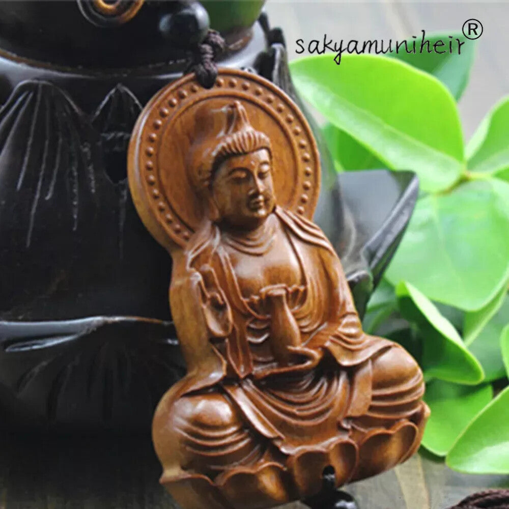 Car Hanging Pendant Wood Carving Red Chinese Kwan Yin Buddha Statue Sculpture