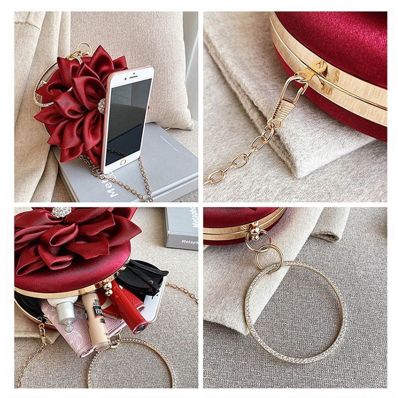Red Flower Clutch Purse Evening Bag Diamond Wedding Silk Handbag 15*15*5 CM 1 PC