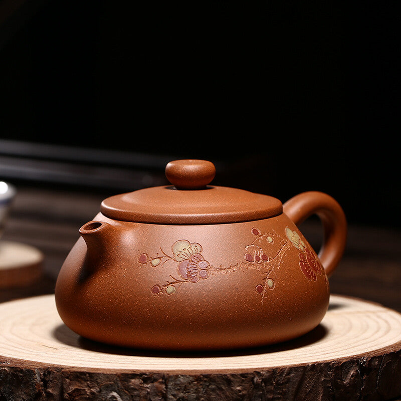 Tea Pot Handmade Floral Carved Pot True Yixing Zisha Old Duan Clay Pot Marked