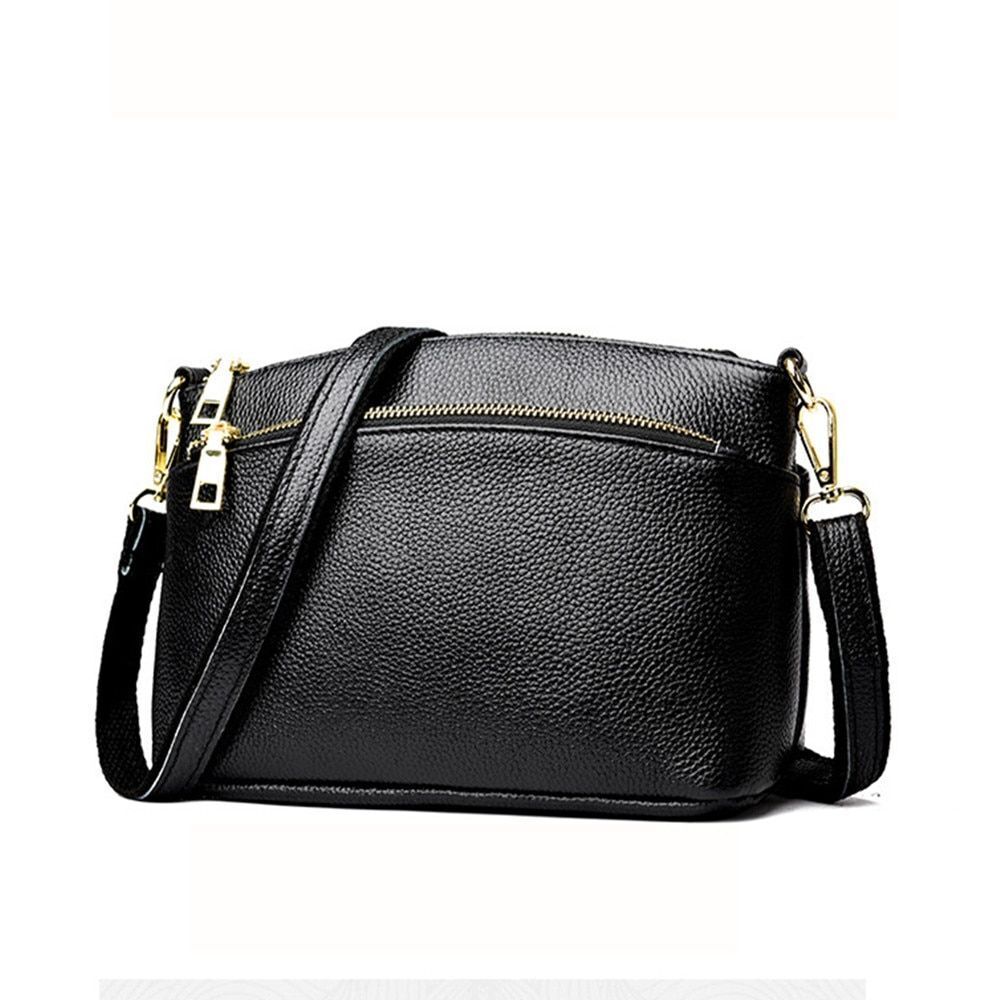 Genuine Leather Bag Fashion Crossbody Purse Black Handbag Zippers Cowhide Bags