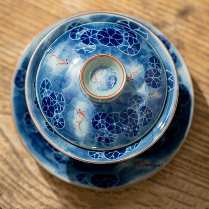 210ml Chinese Ceramic Gaiwan Handmade Lotus Koi Fish Tea Tureen Tea Bowl Teaware