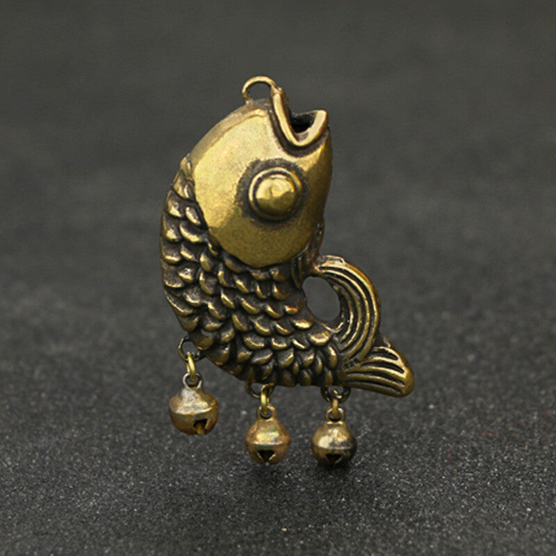 Brass Keychain Pendant Small Copper Fish with Bells Pendant Chinese Antique -