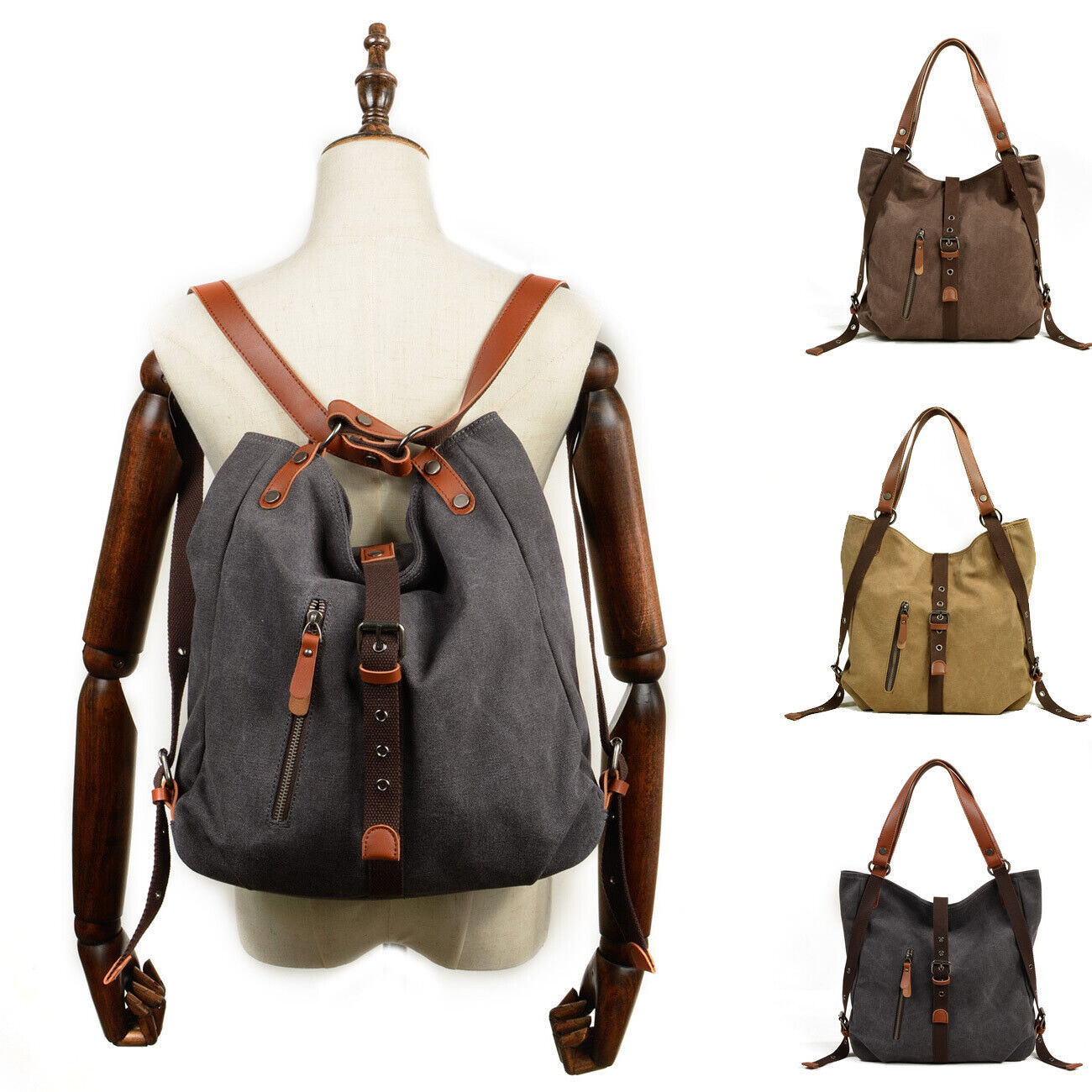 Vintage Convertible Canvas Tab-Over Tote Shoulder Purse Backpack Day bag Bucket