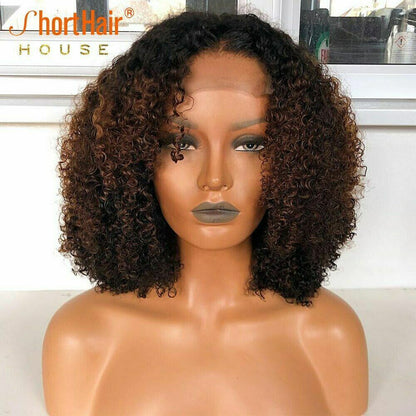 Ombre 1B/30 Short Curly Lace Front Human Hair Wig T Part Bob Wig Remy PrePlucked
