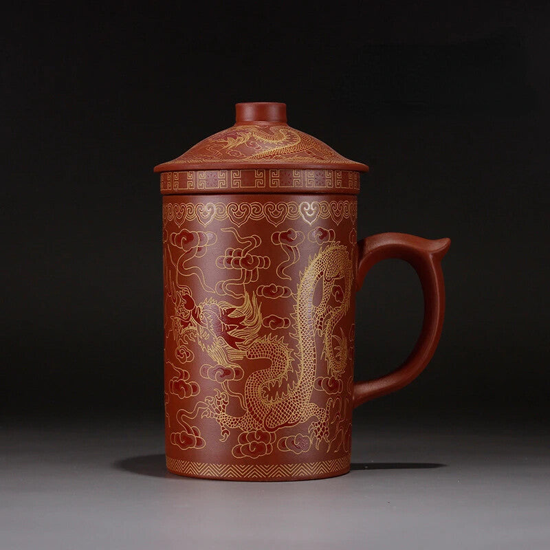 Yixing Dragon Phenix Purple Clay Tea Mug Lid Infuser Handmade Ceramic Teacup