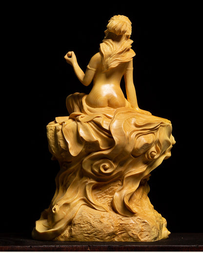 5" Chinese Boxwood Wood Hand-carved Girl Lady Women Pipa Boddhisattva Statue