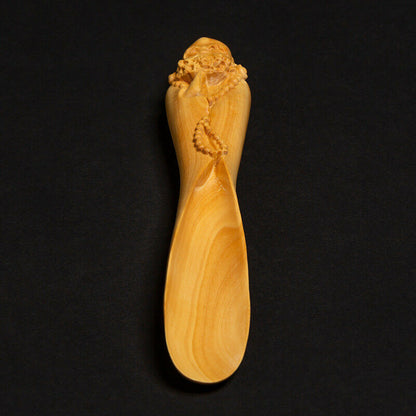 16 CM Long Carved Boxwood Carving Tea Scoop Spoon: Damo