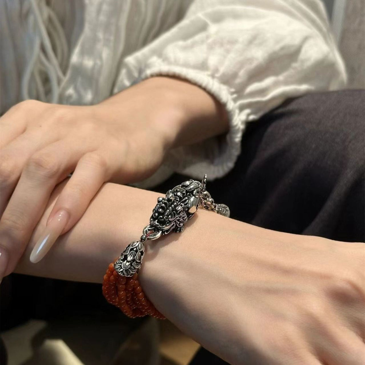 Red Agate Pixiu Fish Pattern Bell Bracelet Minimalist Ethnic Jewelry