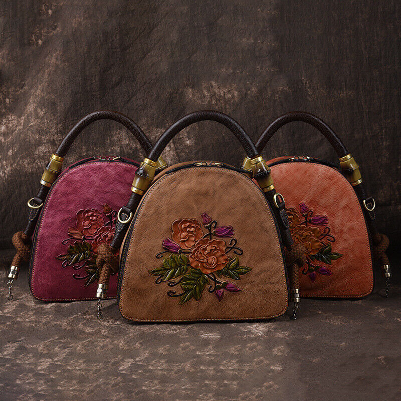 Women's Retro Genuine Leather Handbags Embossed Flower Crossbody Shoulder Bag
