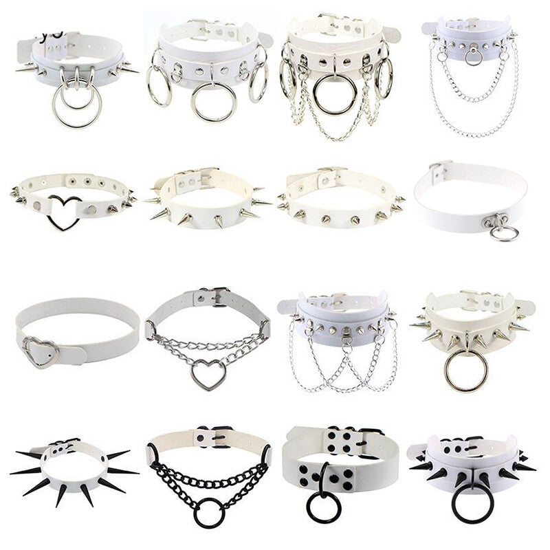 Gothic Punk White Pu Leather Spiked Rivet O-Ring Collar Stud Choker Necklace