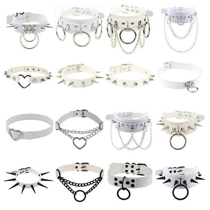 Gothic Punk White Pu Leather Spiked Rivet O-Ring Collar Stud Choker Necklace