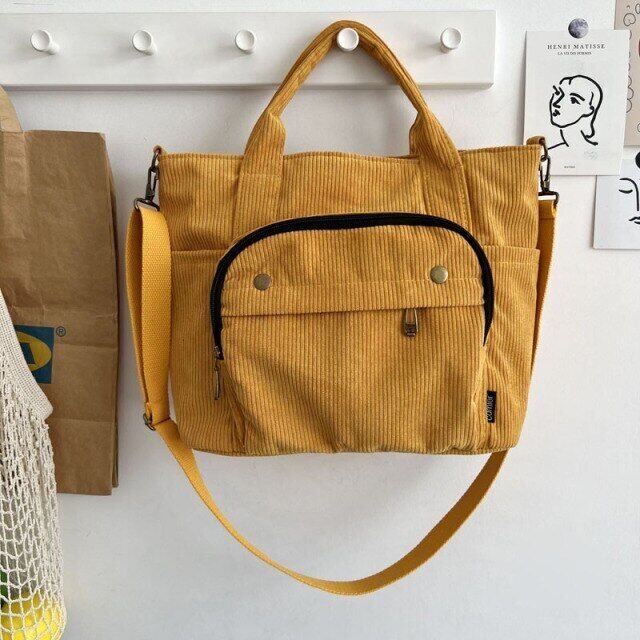 Women Corduroy Shoulder Handbag Canvas Bags Zipper Simple Crossbody Bag
