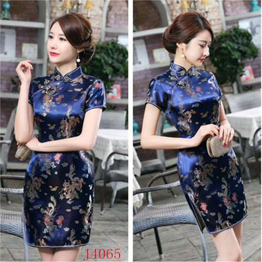 Chinese Traditional Cheongsam Faux Silk Satin Dress Lady Prom Qipao Party Retro