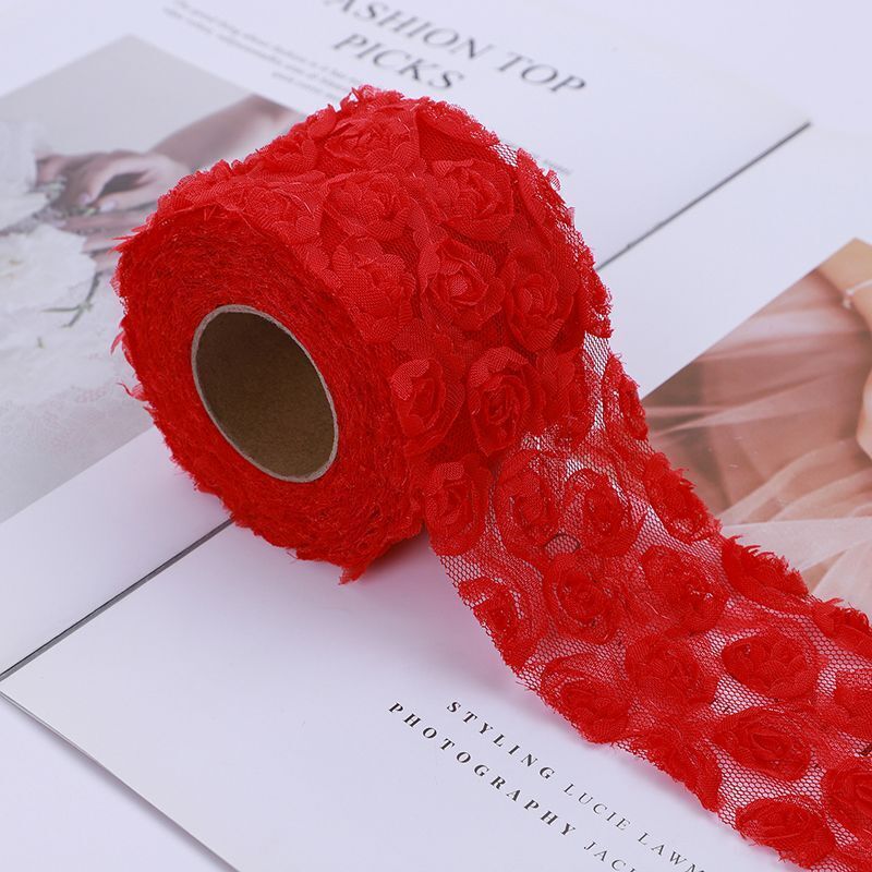 Party Decoration 5Yards DIY Rose Lace Fabric 3D Chiffon Flower Embroidered Decor