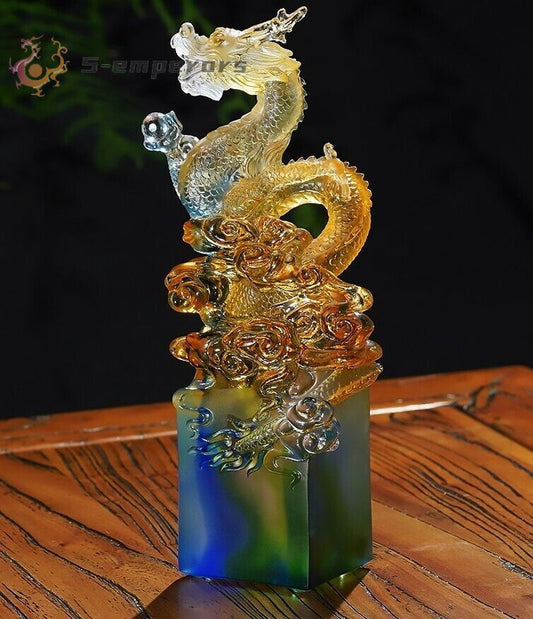 Office Decor Liu Li Crystal Chinese Dragon Stamp Statue