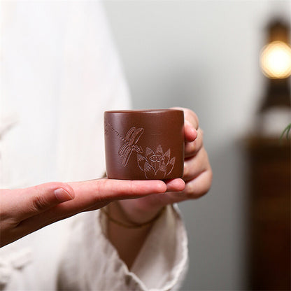4 Tea Cups Hand Carved Dragonfly Lotus Flower Real Yixing Zisha Purple Clay 90ml
