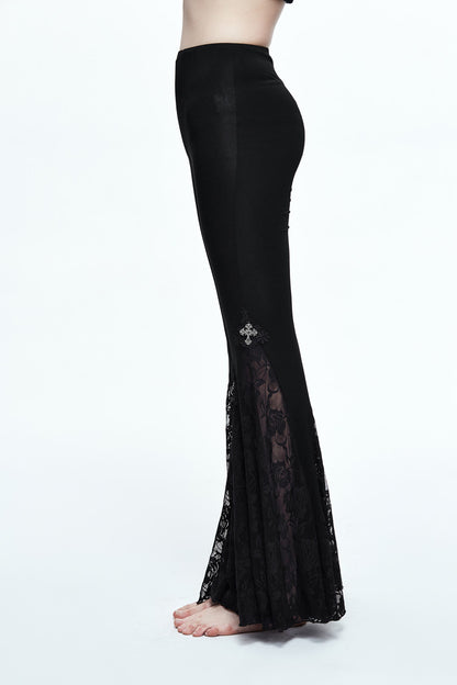 Women Gothic Sexy Lace Stretch Leggings Steampunk High Waist Black Flare Pants