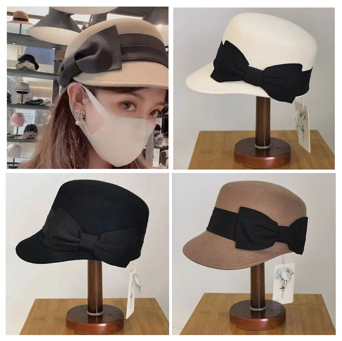 Women Military Caps Winter Wool Fashion Warm Hat W/ Visor Big Bow Snow Ski Beret