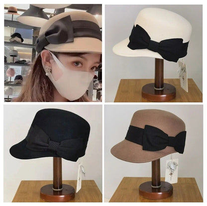 Women Military Caps Winter Wool Fashion Warm Hat W/ Visor Big Bow Snow Ski Beret