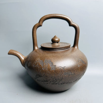 Vintage Chinese Yixing Purple Clay Teapot Zisha Ceramic Carving Horse Teaware