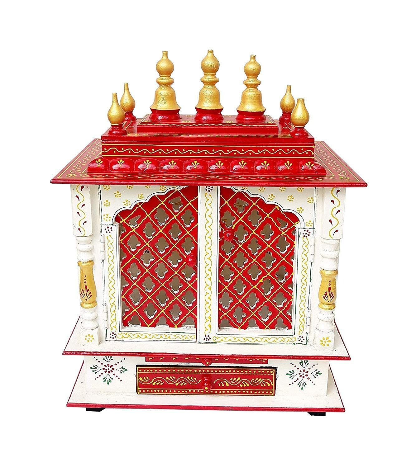 Handcrafted Wooden Home Temple White & Red Worship Mandap Mandir