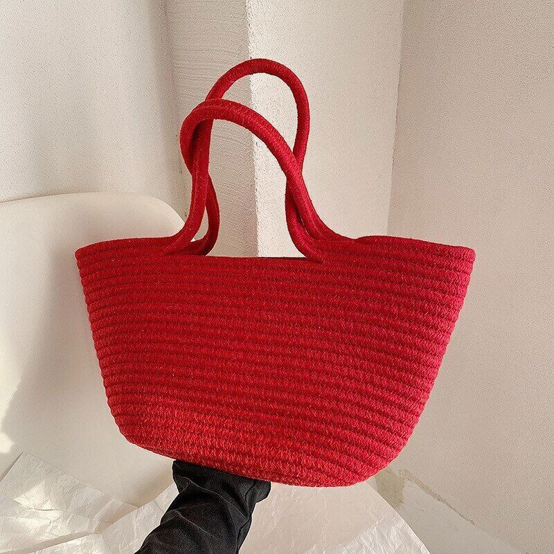 Straw Bag Women Cotton Rope Handbags Girls Open Weave Beach Totes Bags