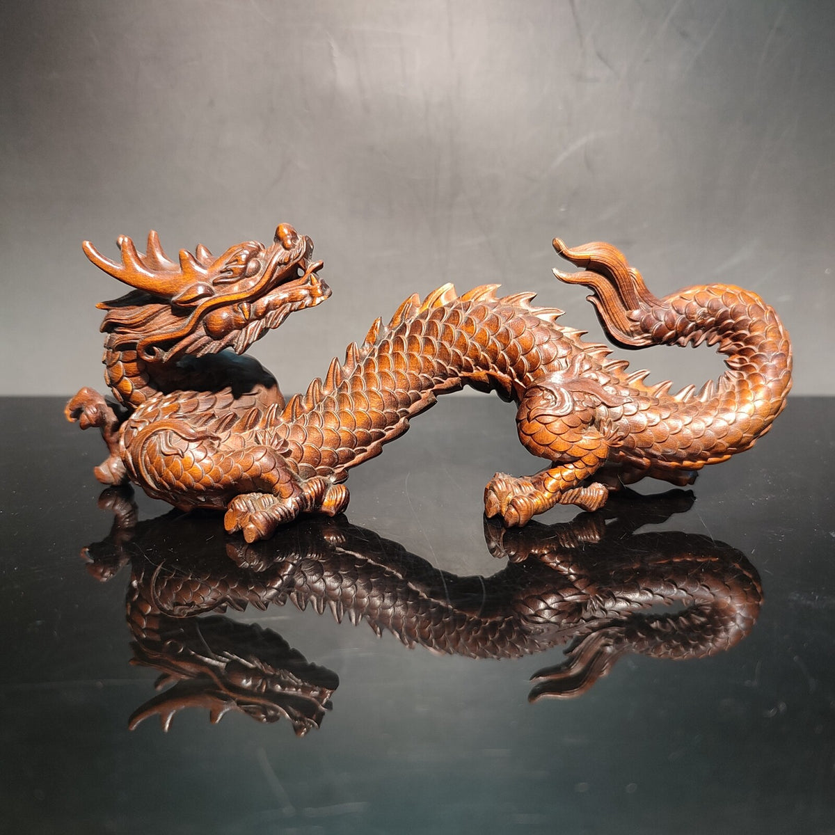 6.3" Wood carved Ornament chinese dragon statue fengshui Loong sculpture art