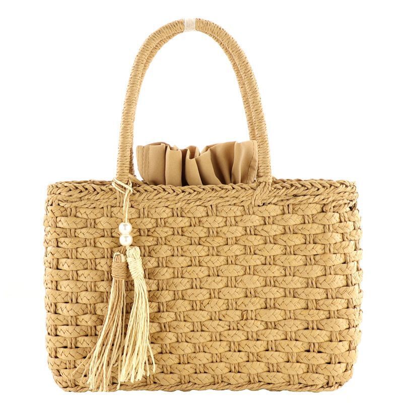 Summer Straw Shoulder Bag Pearl Tassel Weaving Vintage Large Handbag Shopper Bag