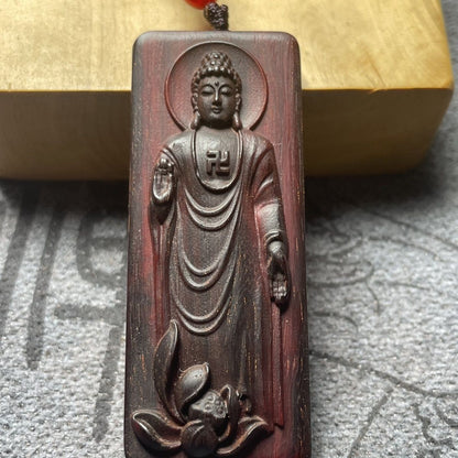 Red Sandalwood Sakyamuni Pendant 0.98×2.36in Peace Plaque Handmade Carving