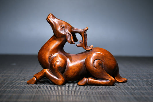 Chinese Antique Boxwood Wood Carving Exquisite Deer Statue Collection Nice Art