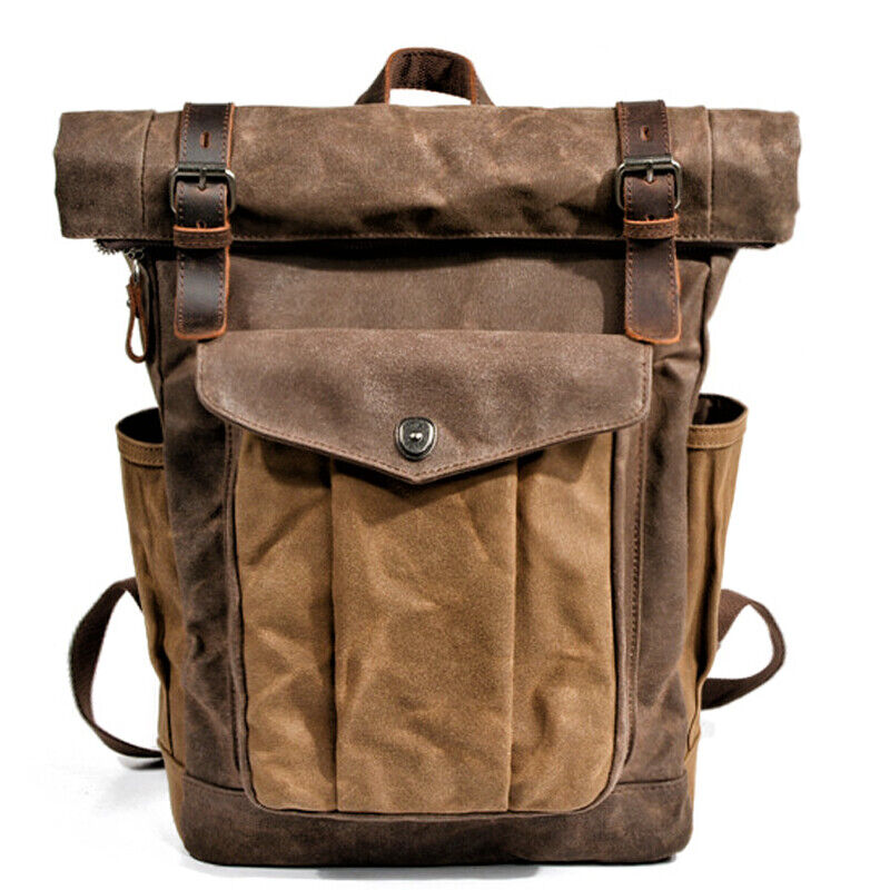 Water Resisant Vintage Waxed Canvas Backpack Fold-Over Satchel Laptop Bag Travel