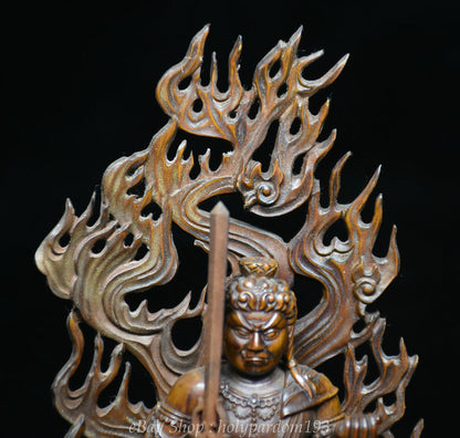 7" Old China Boxwood Wood Carving Japanese Fudo Myo-o Acalanatha Sword Statue
