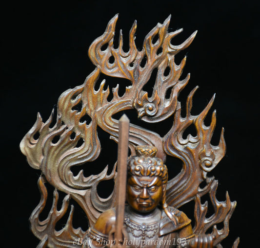 7" Old China Boxwood Wood Carving Japanese Fudo Myo-o Acalanatha Sword Statue