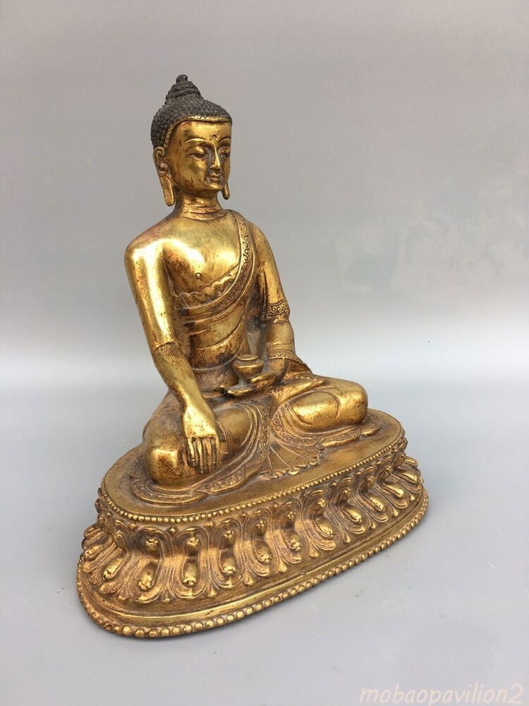 8"Old China Antique Tibetan Buddhism temple Bronze gilt Shakyamuni Buddha statue