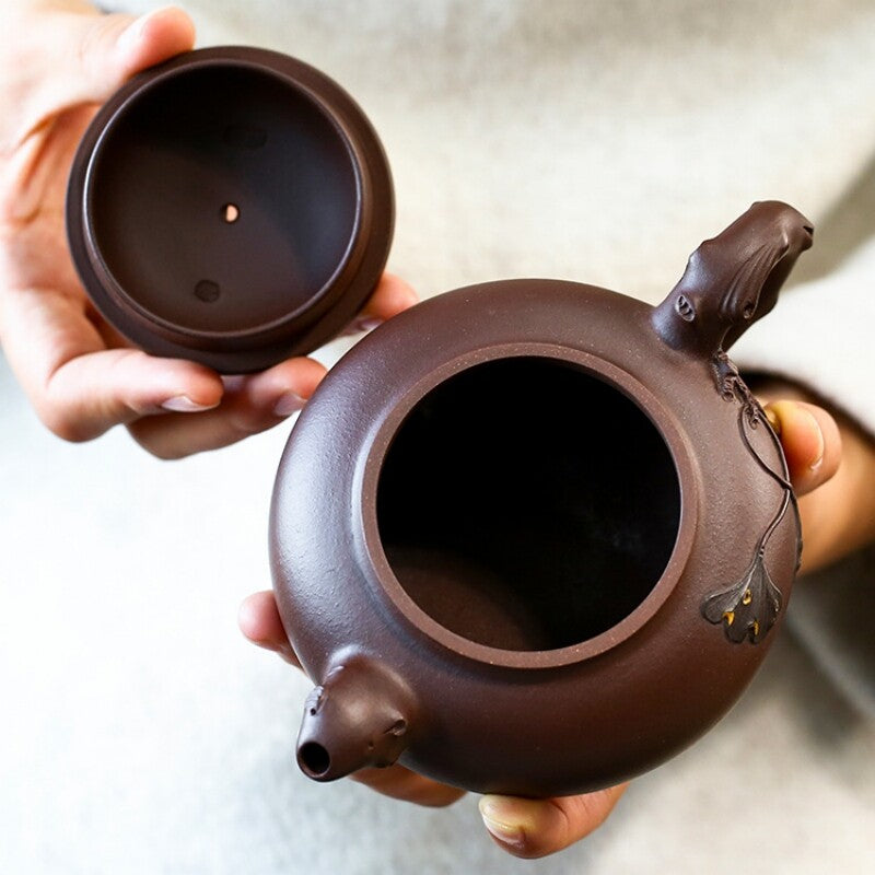 Marked Teapot Full Handmade Pot True Yixing Zisha Purple Clay Ginkgo Leaf Relief