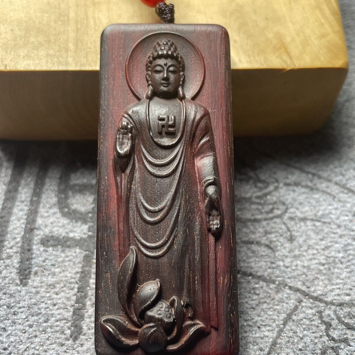 Red Sandalwood Sakyamuni Pendant 0.98×2.36in Peace Plaque Handmade Carving