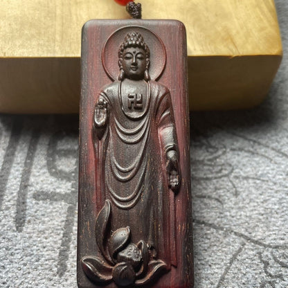 Red Sandalwood Sakyamuni Pendant 0.98×2.36in Peace Plaque Handmade Carving