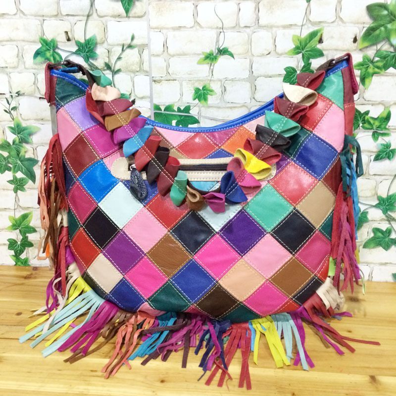 Multicolor Genuine Leather Tassel Bag One Shoulder Bags Beach Purse 33*10*33 Cm
