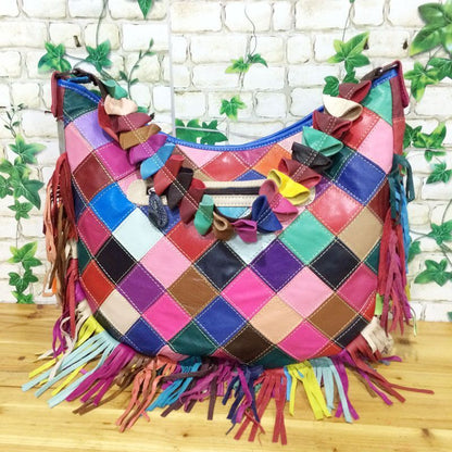 Multicolor Genuine Leather Tassel Bag One Shoulder Bags Beach Purse 33*10*33 Cm