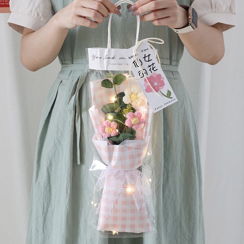 Crochet Flowers Bouquet Milk Cotton Hand-Knitted LED Light Gift Bag Floral Decor