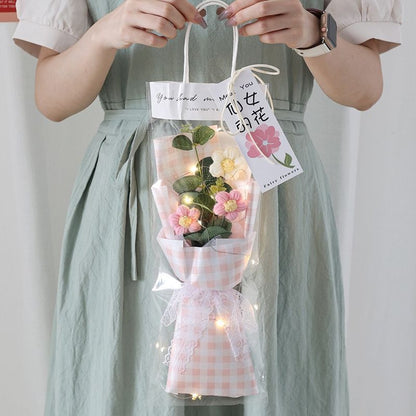 Crochet Flowers Bouquet Milk Cotton Hand-Knitted LED Light Gift Bag Floral Decor
