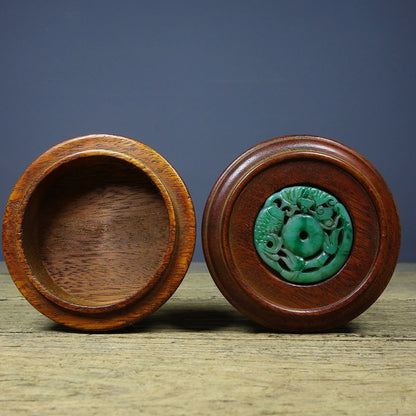 Vintage Rosewood Bracelet Box, Inlaid Jade, Wealth & Abundance, 10cm