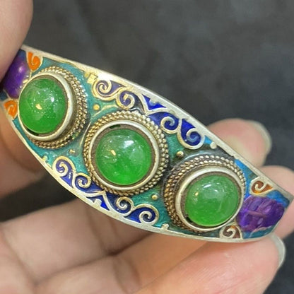 Old Chinese Tibet Silver Inlay Green Jade Handmade Bracelet