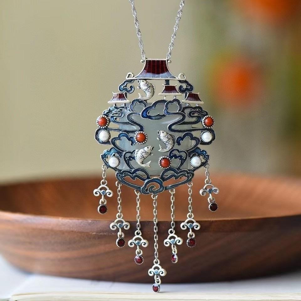 Chinese Style Koi Pendant Enamel White Glass Inlaid Multi Gem Necklace Women