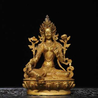 Old Dynasty China Buddhism Tibet Temple Bronze 24K Gilt Kwan-Yin Buddha Statue