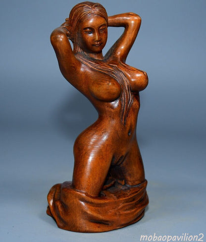 4.7" Collect Chinese Box-wood Carving Naked Beautiful Woman beauty knelt Statue