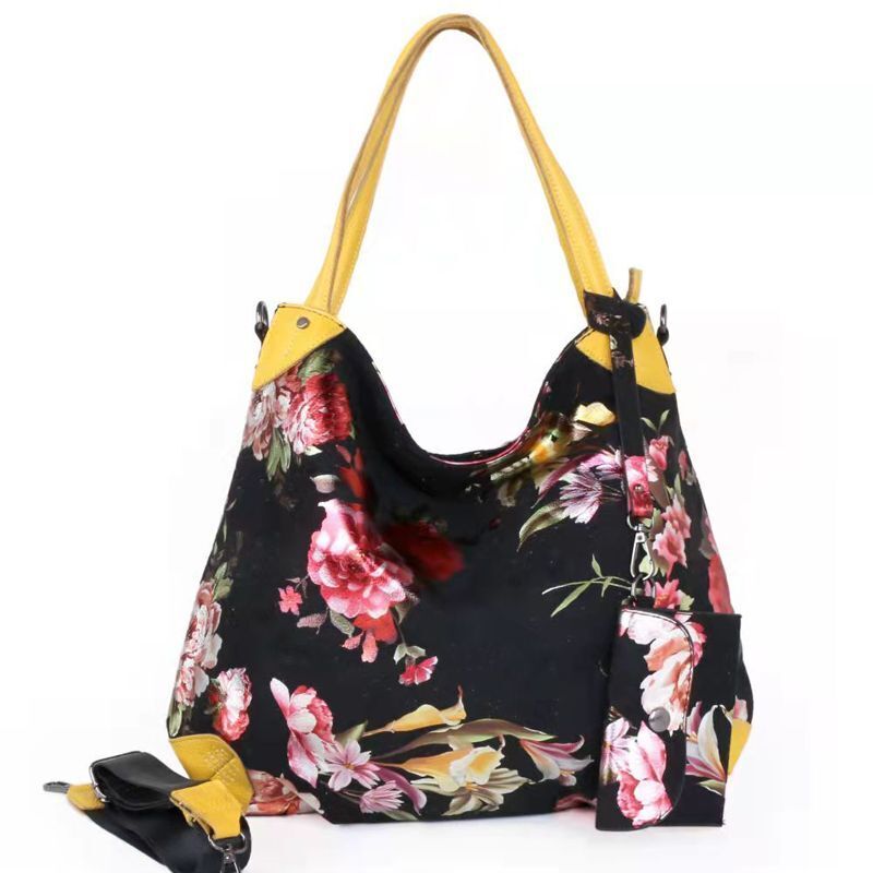 Real Leather Canvas Fashion Bags Flower Printing Leisure Stylish Handbags Purses