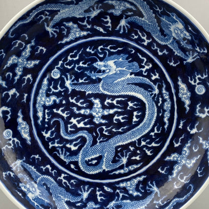 Chinese Qing Kangxi Blue and White Dragon Pattern Plate （大清康熙年制）